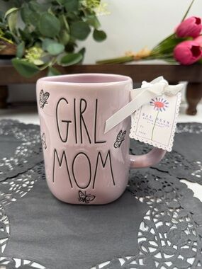 Rae Dunn Pink 'GIRL MOM' Ceramic Mug with Butterfly Accents